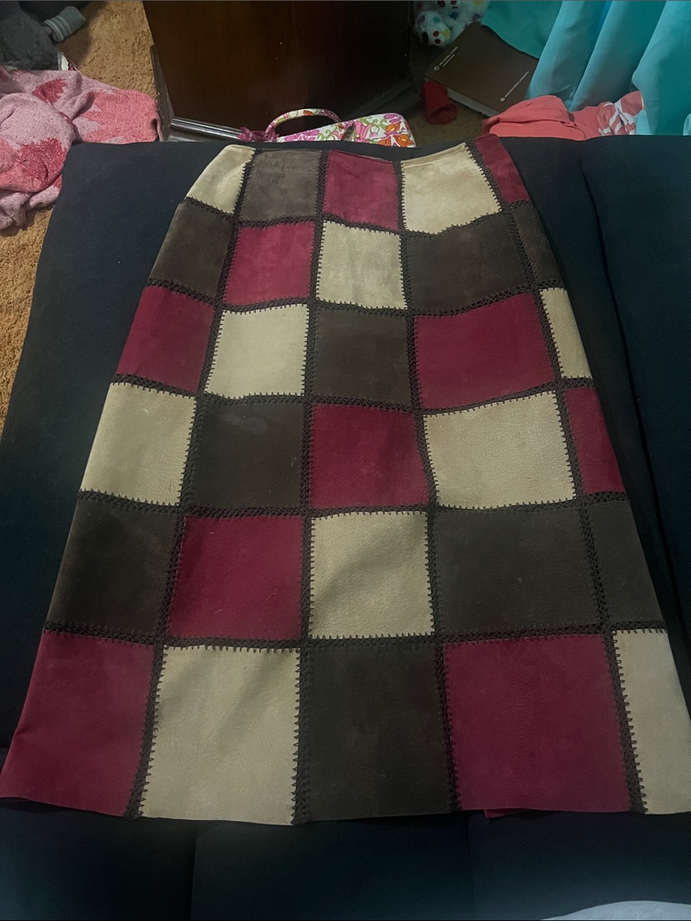 bagatelle Patchwork Suede A-Line Skirt in Burgundy, Brown & Cream